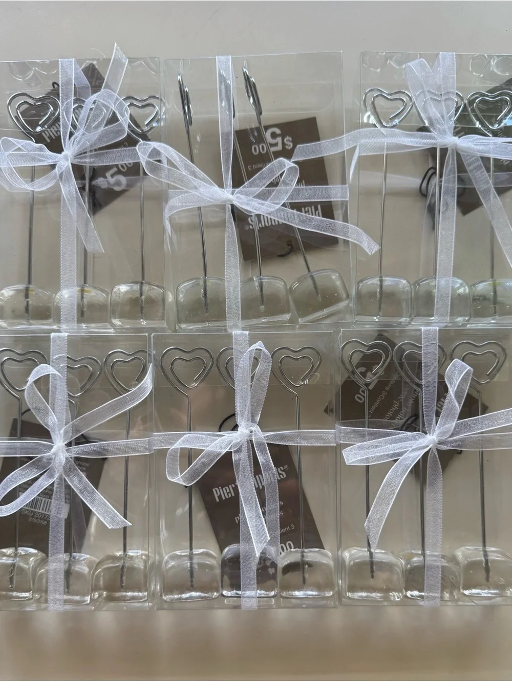 Pier 1 Silver Heart Photo/Card Holders with White Ribbon Accents